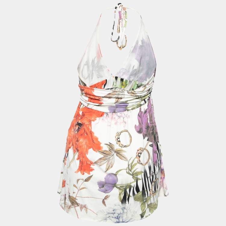 Pre Owned Class by Roberto Cavalli White Floral Printed Jersey Top L