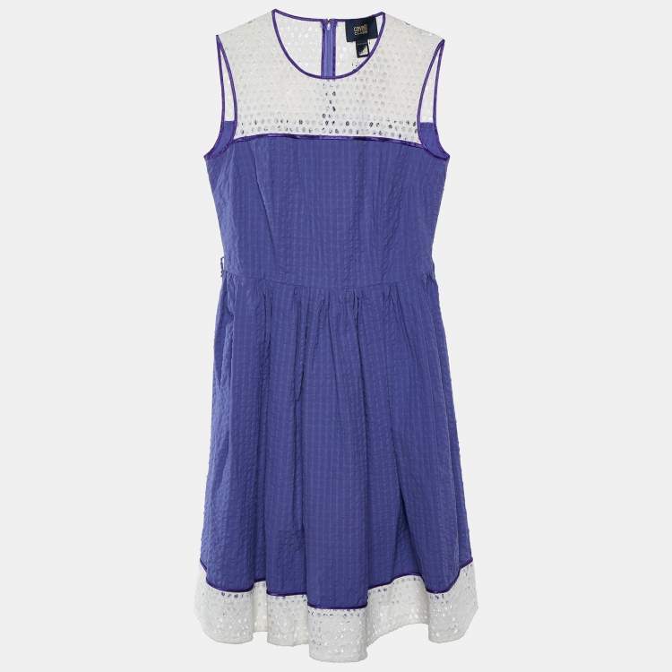 Pre Owned Cavalli Class Purple Seersucker Cotton & Lace Sleeveless Dress M