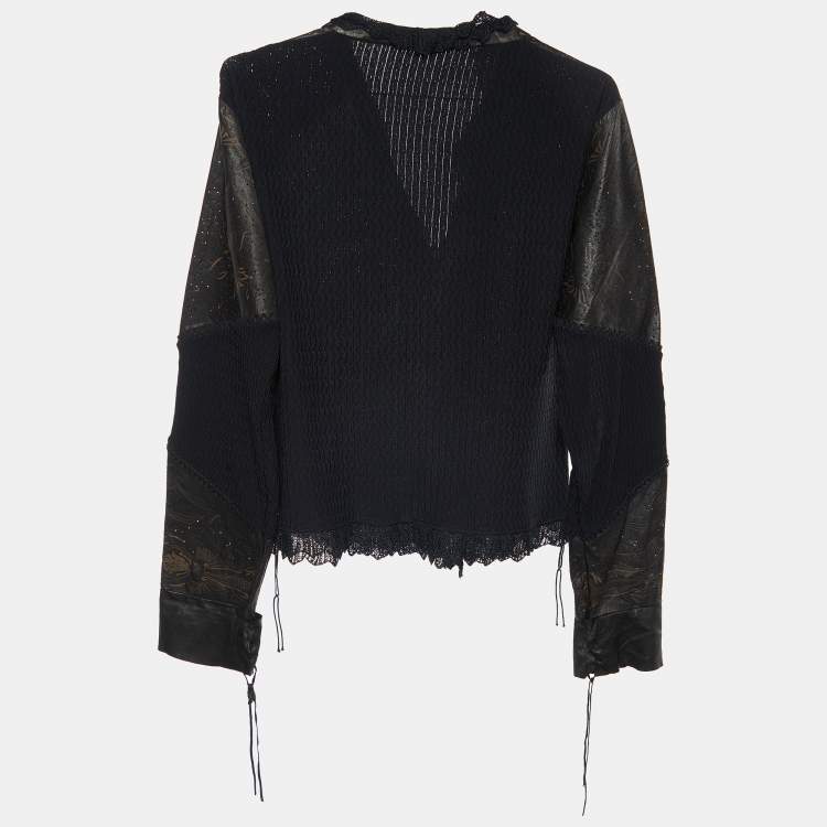 Pre Owned Class by Roberto Cavalli Brown Leather & Knit Ruffled Jacket L