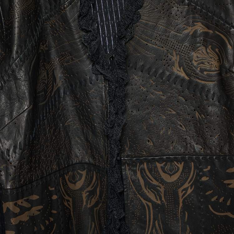 Pre Owned Class by Roberto Cavalli Brown Leather & Knit Ruffled Jacket L