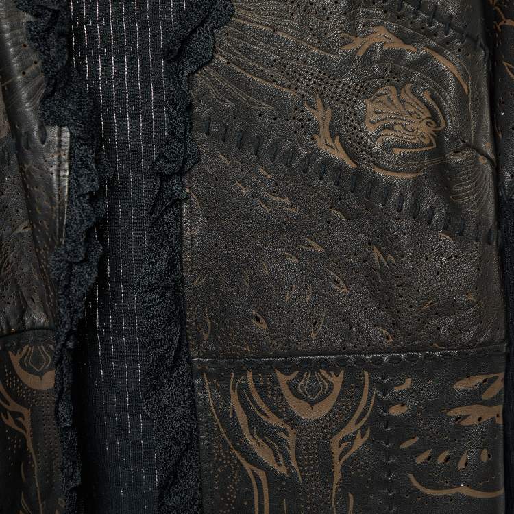 Pre Owned Class by Roberto Cavalli Brown Leather & Knit Ruffled Jacket L