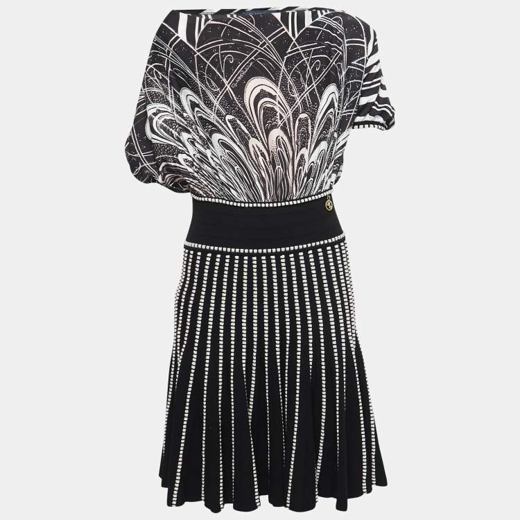 Pre Owned Class by Roberto Cavalli Black Printed Satin & Knit Flared Short Dress S