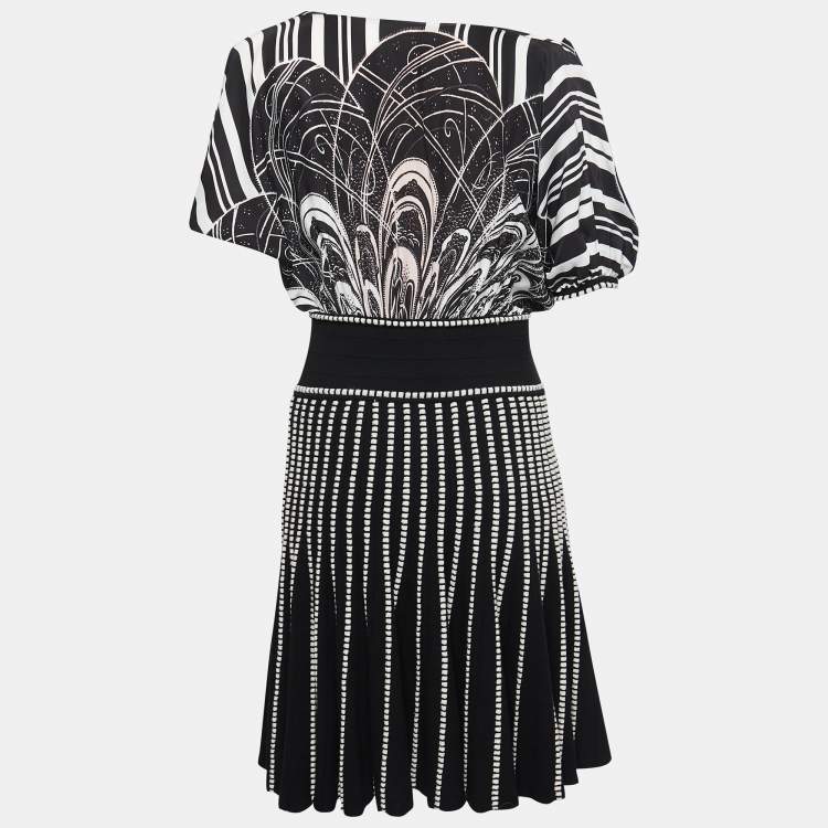 Pre Owned Class by Roberto Cavalli Black Printed Satin & Knit Flared Short Dress S