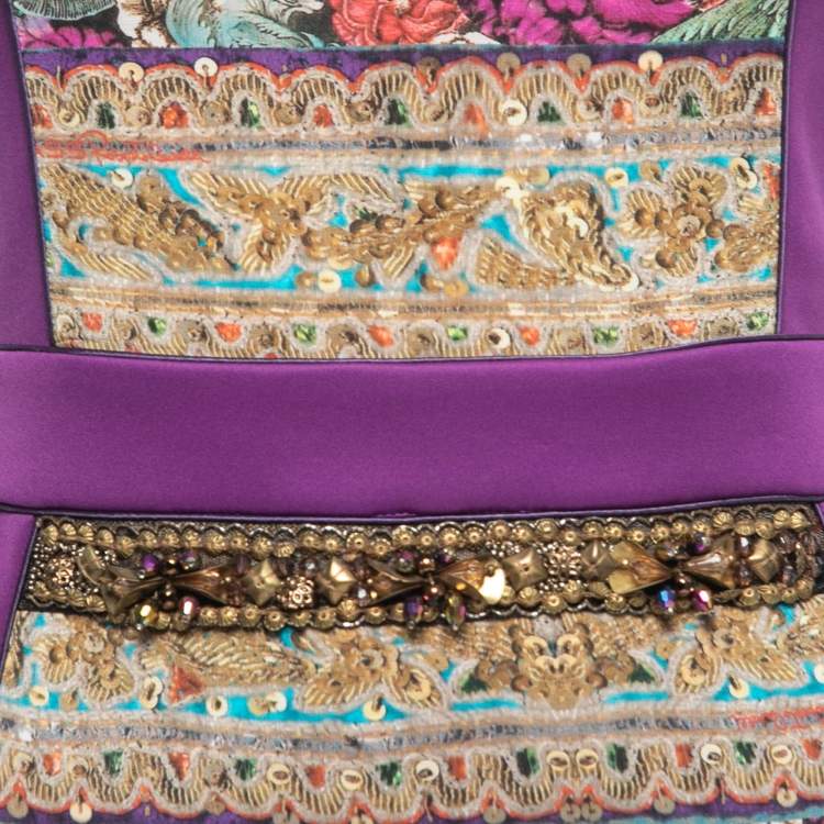 Pre Owned Class by Roberto Cavalli Purple Jersey Floral Applique Beaded Bodycon Dress M