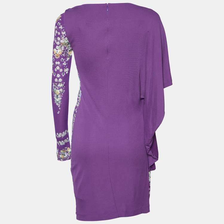 Pre Owned Cavalli Class Purple Floral Printed Jersey Draped Mini Dress S