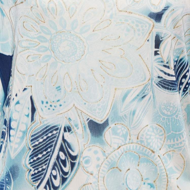 Pre Owned Class by Roberto Cavalli Blue Printed jersey Waist Tie Detail Top L