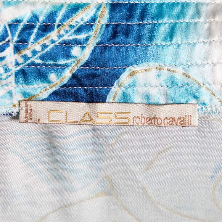 Pre Owned Class by Roberto Cavalli Blue Printed jersey Waist Tie Detail Top L
