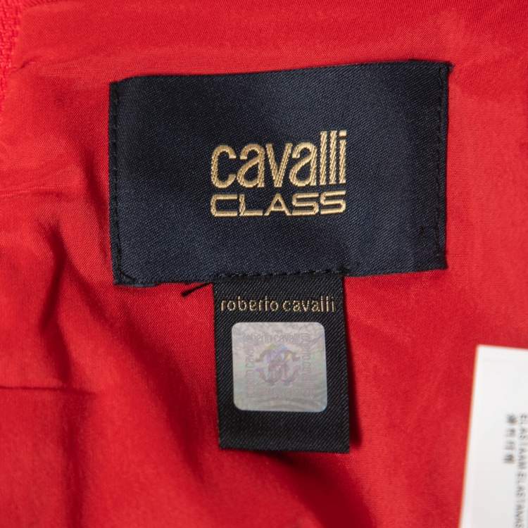 Pre Owned Class by Roberto Cavalli Red Stretch Crepe Pleat Detail Knee Length Skirt M
