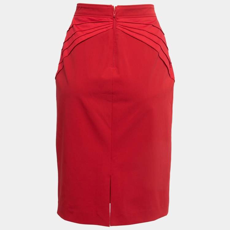Pre Owned Class by Roberto Cavalli Red Stretch Crepe Pleat Detail Knee Length Skirt M