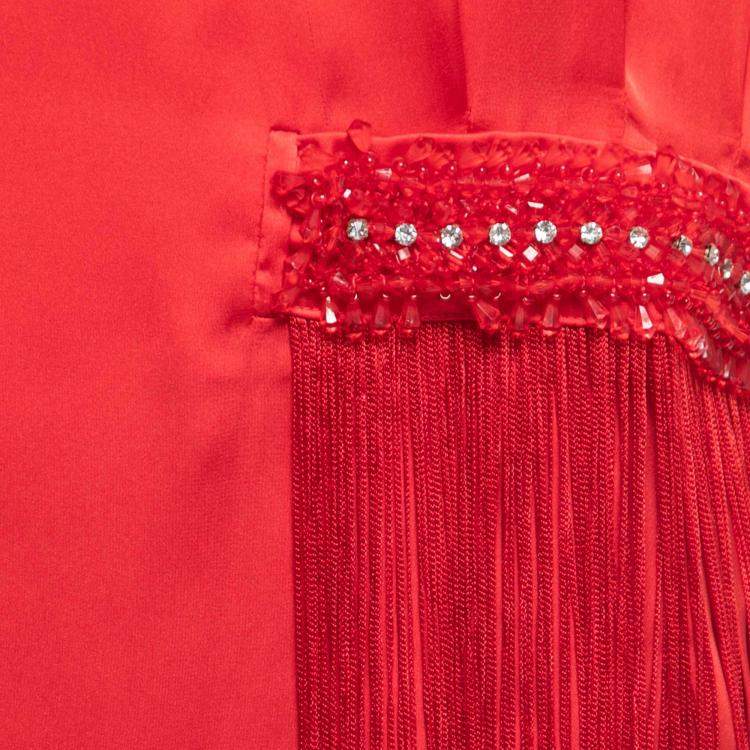 Pre Owned Class by Roberto Cavalli Red Satin Fringed Detail Tunic Dress M