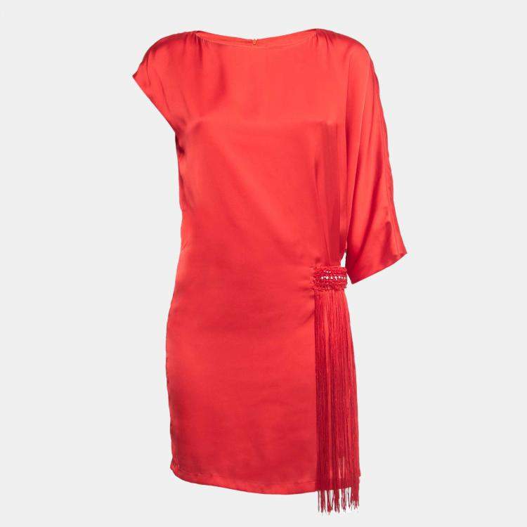 Pre Owned Class by Roberto Cavalli Red Satin Fringed Detail Tunic Dress M