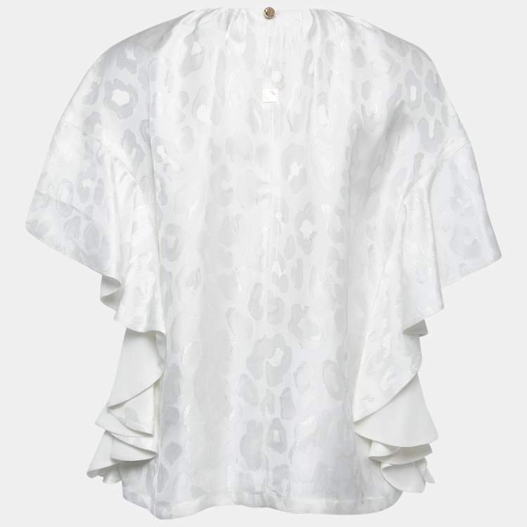 Pre Owned Class by Roberto Cavalli White Leopard Jacquard Flutter Sleeve Top M