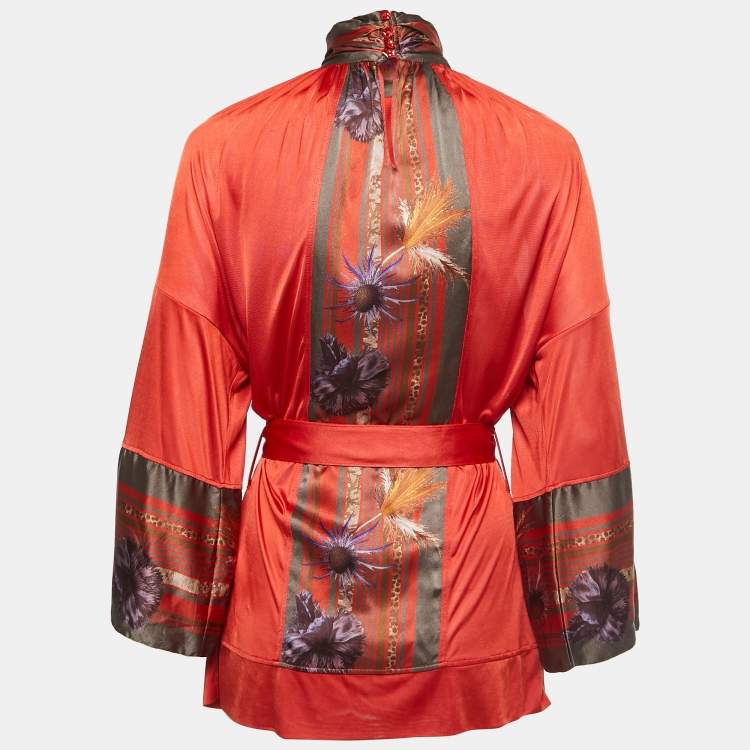 Pre Owned Class by Roberto Cavalli Brick Red Jersey & Silk Belted Top M