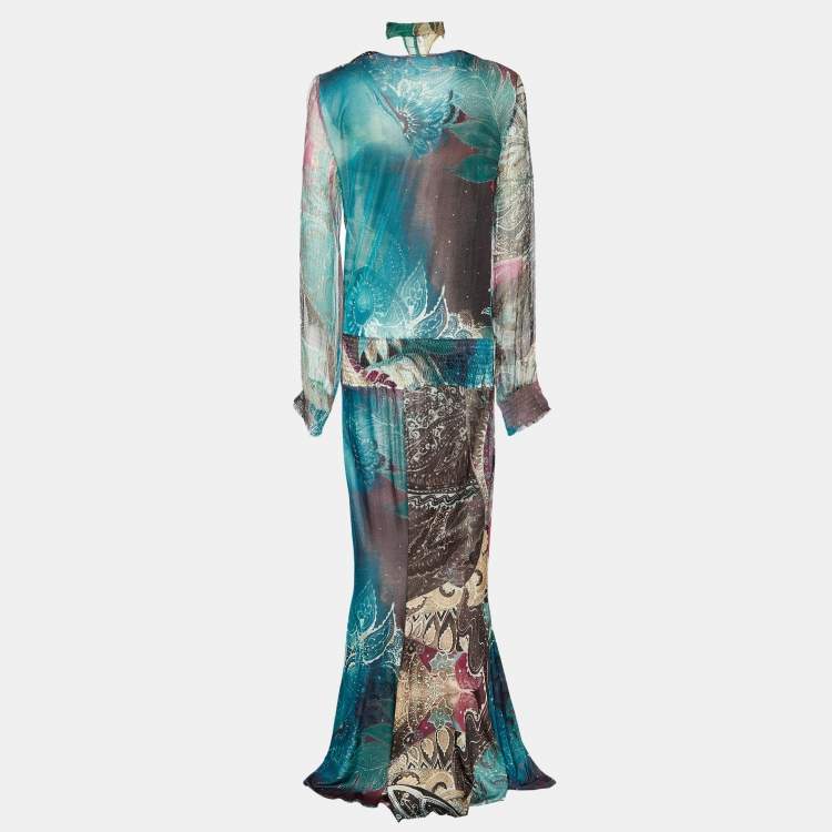 Pre Owned Class by Roberto Cavalli Multicolor Printed Jersey & Silk Trim Detail Maxi Dress M
