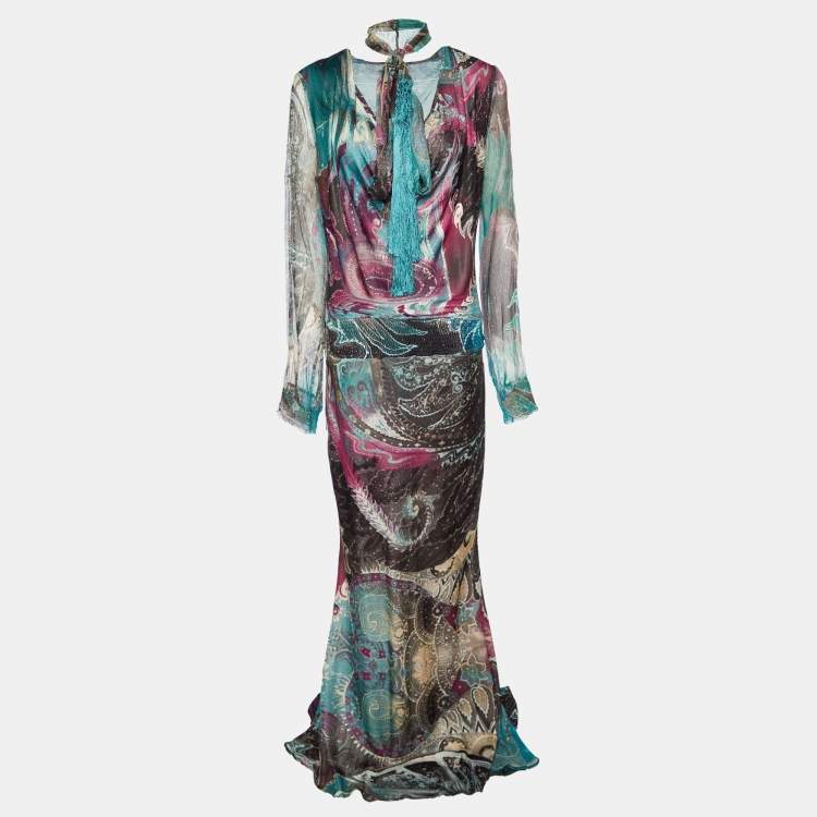 Pre Owned Class by Roberto Cavalli Multicolor Printed Jersey & Silk Trim Detail Maxi Dress M