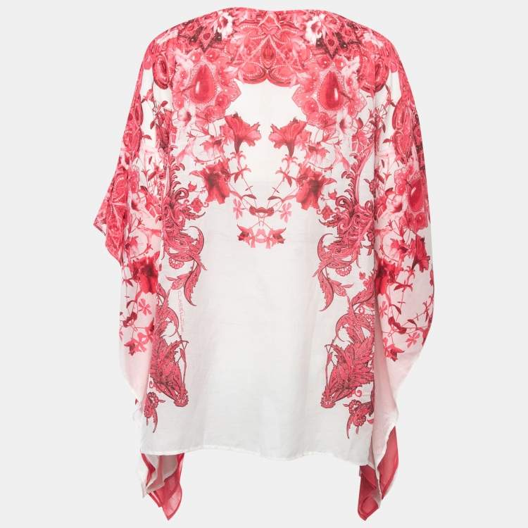 Pre Owned Class by Roberto Cavalli White/Pink Floral Print Cotton Blend Belted Kaftan Top S