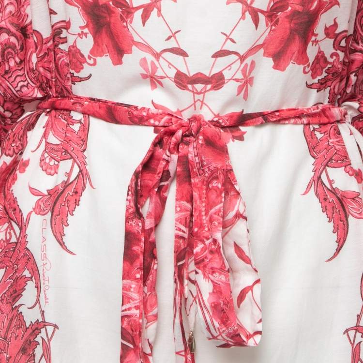 Pre Owned Class by Roberto Cavalli White/Pink Floral Print Cotton Blend Belted Kaftan Top S