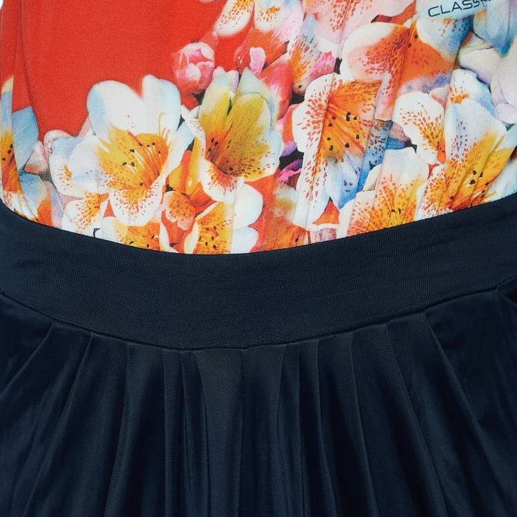 مملوكة مسبقًا Cavalli Class Printed Silk & Black Jersey Draped One Shoulder Gown L