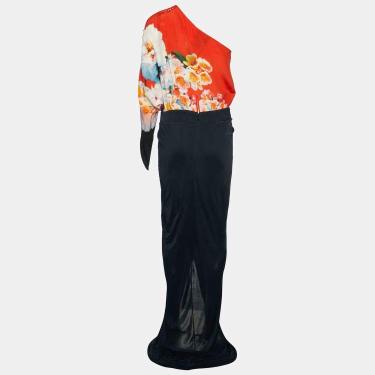 مملوكة مسبقًا Cavalli Class Printed Silk & Black Jersey Draped One Shoulder Gown L
