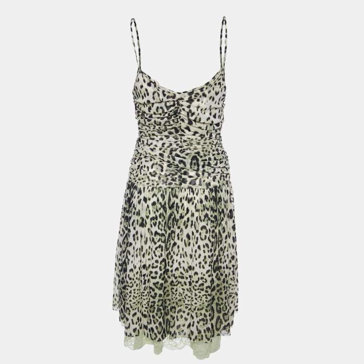 Pre Owned Class by Roberto Cavalli Green Animal Printed Jersey Knit Ruched Mini Dress M