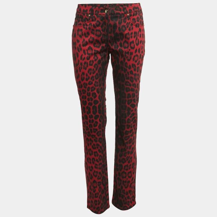 Pre Owned Class Roberto Cavalli Red Animal Print Denim Jeans L Waist 32"