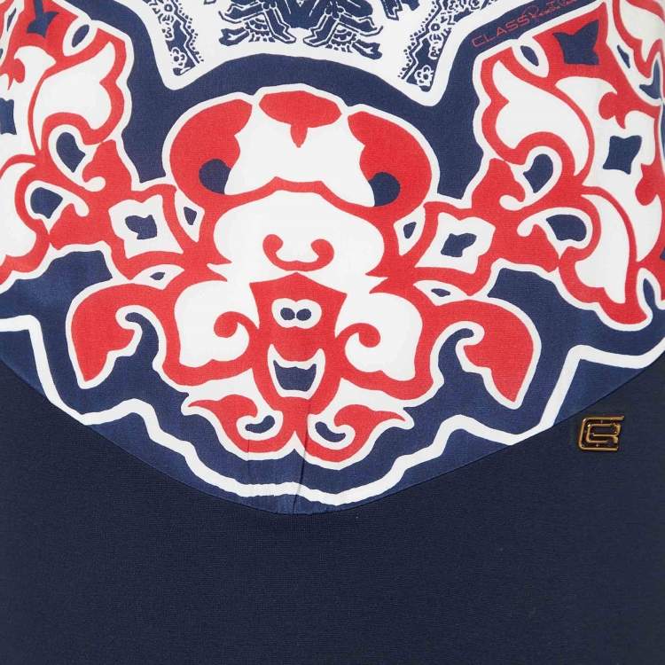 Pre Owned Class by Roberto Cavalli Navy Blue Printed Knit & Chiffon Midi Dress M