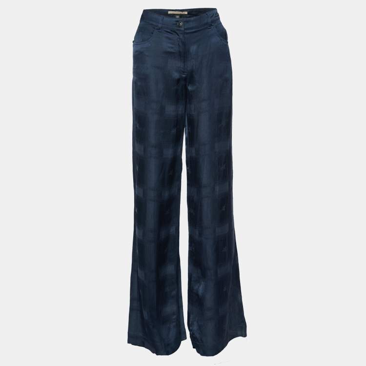 Pre Owned Class by Roberto Cavalli Navy Blue Textured Linen Blend Flared Trousers M