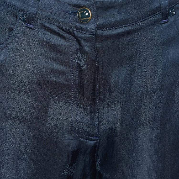 Pre Owned Class by Roberto Cavalli Navy Blue Textured Linen Blend Flared Trousers M