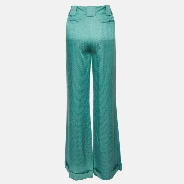 Pre Owned Class by Roberto Cavalli Green Textured Satin Flared Trousers M