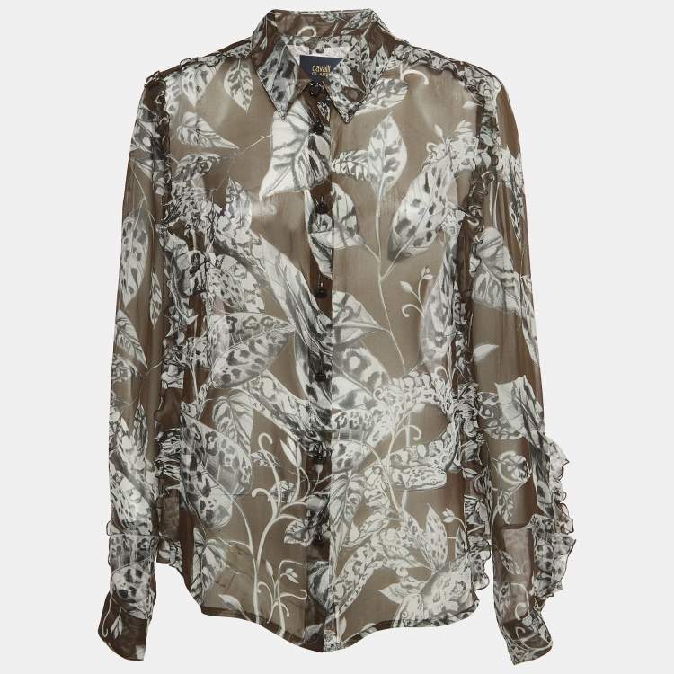 Pre Owned Class by Roberto Cavalli Brown Floral Print Silk Ruffled Semi Sheer Shirt L