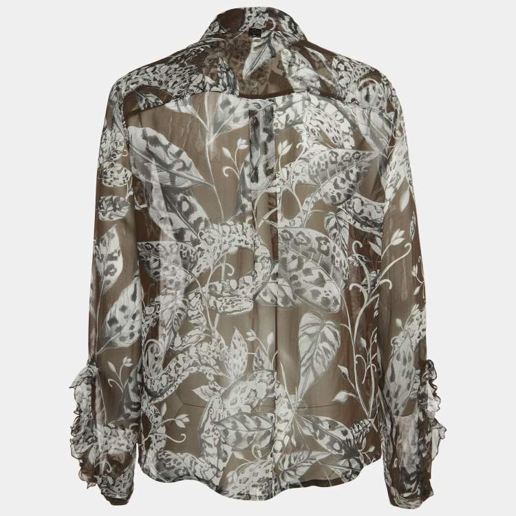 Pre Owned Class by Roberto Cavalli Brown Floral Print Silk Ruffled Semi Sheer Shirt L
