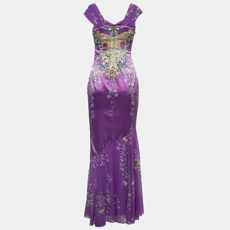 Pre Owned Class by Roberto Cavalli Purple Floral Print Satin and Chiffon Mermaid Gown S