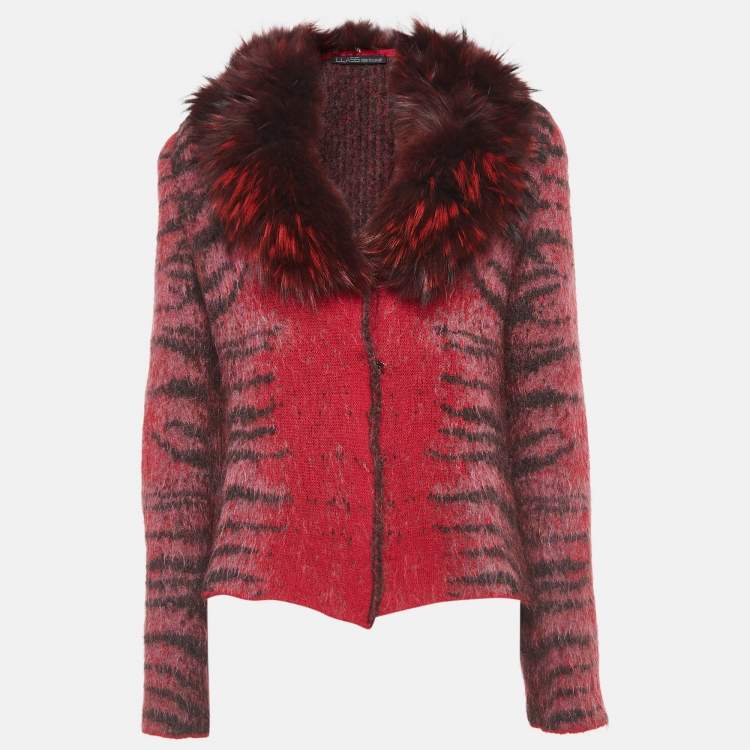 Pre Owned Class by Roberto Cavalli Red Animal Pattern Fur Trim Collar Jacket M