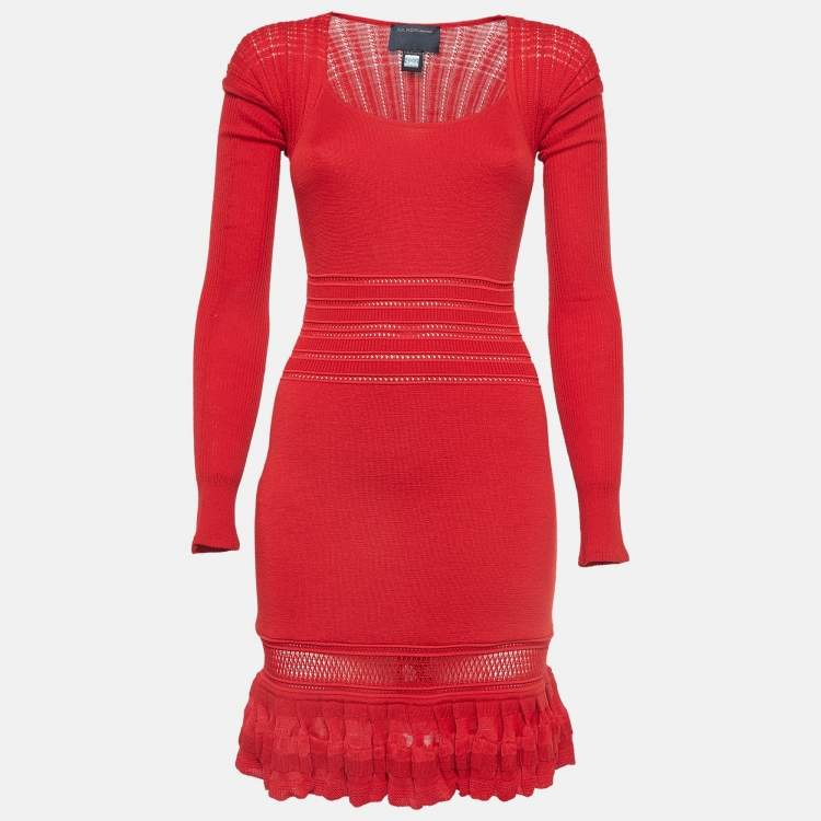 Pre Owned Class by Roberto Cavalli Red Patterned Knit Flounce Midi Dress M
