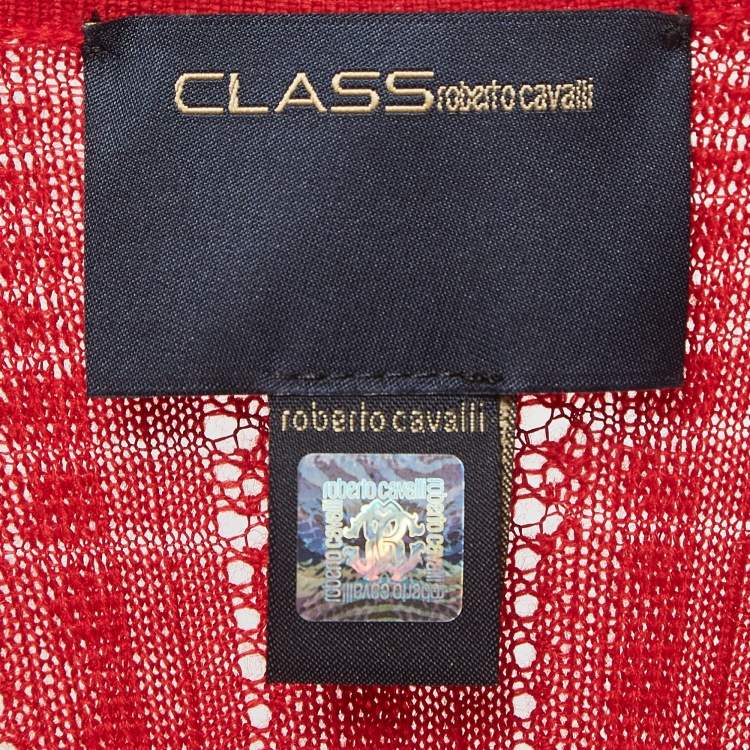 Pre Owned Class by Roberto Cavalli Red Patterned Knit Flounce Midi Dress M