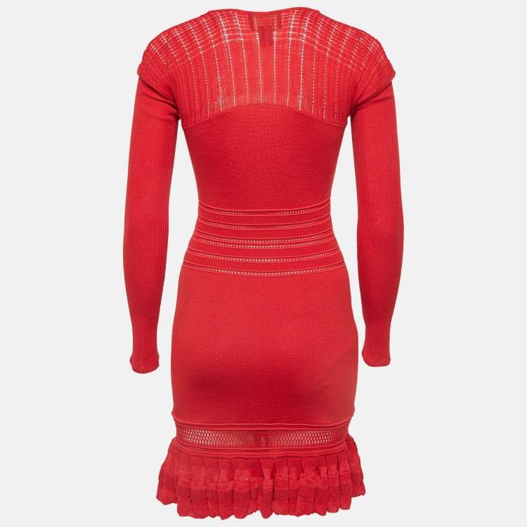 Pre Owned Class by Roberto Cavalli Red Patterned Knit Flounce Midi Dress M