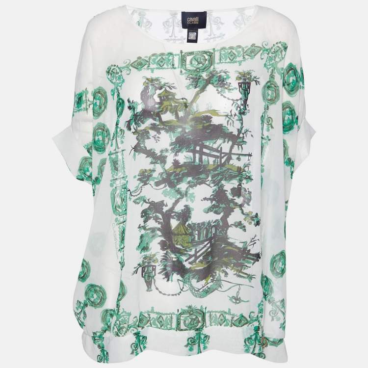Pre Owned Class by Roberto Cavalli White Print Crepe Loose Fitted Blouse L