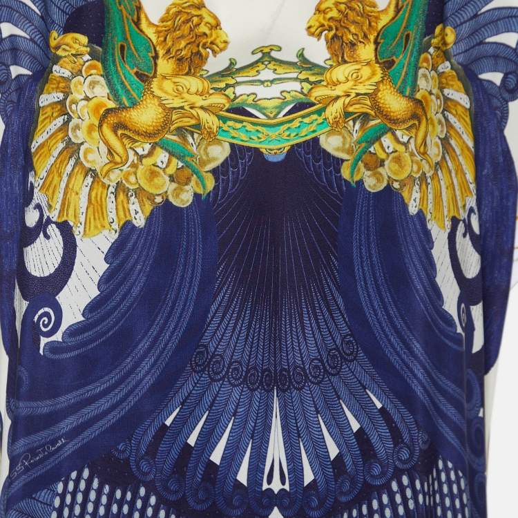 Pre Owned Class by Roberto Cavalli Navy Blue Printed Silk & Knit Tunic XL 