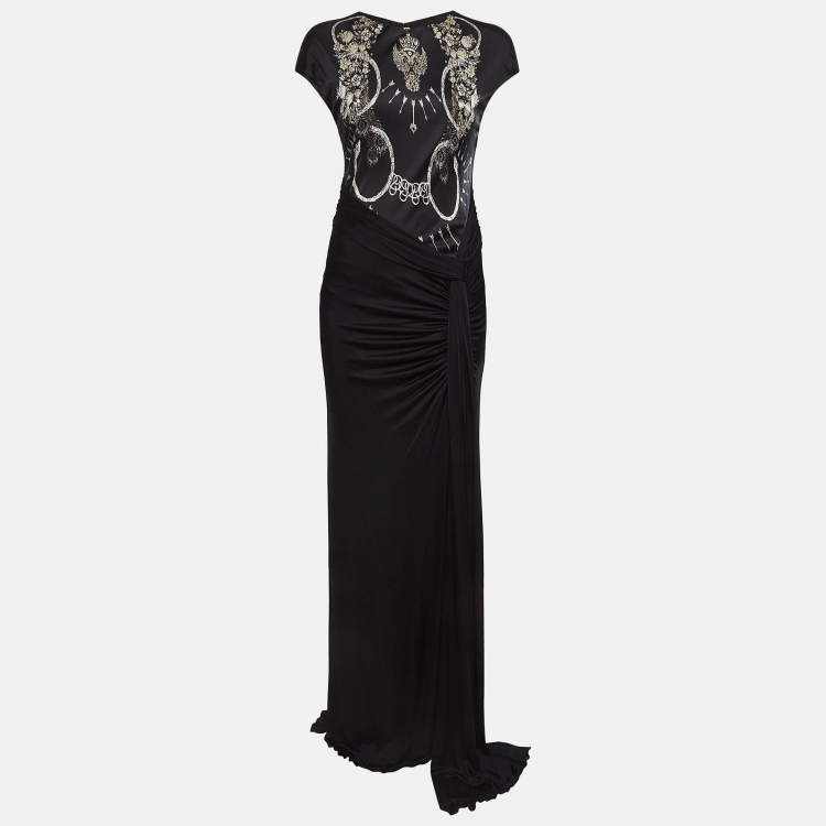 Pre Owned Class by Roberto Cavalli Black Printed Jersey Ruched Sleeveless Maxi Dress M