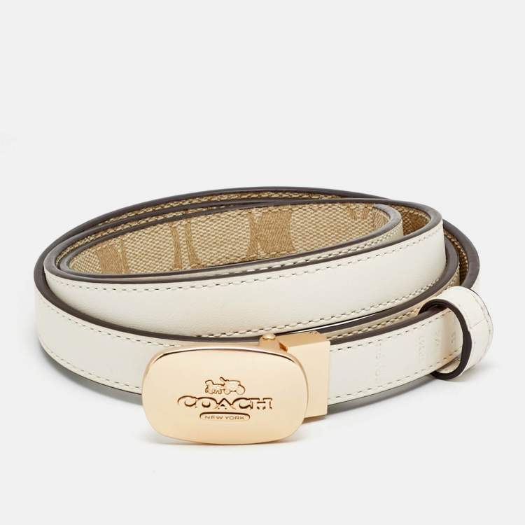 Pre Owned Coach Eliza Cut to Size Reversible Buckle Belt Beige Signature Coated Canvas and Leather