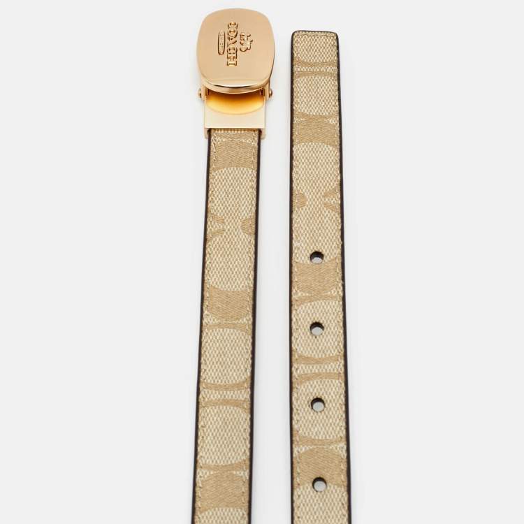 Pre Owned Coach Eliza Cut to Size Reversible Buckle Belt Beige Signature Coated Canvas and Leather