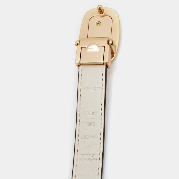 Pre Owned Coach Eliza Cut to Size Reversible Buckle Belt Beige Signature Coated Canvas and Leather