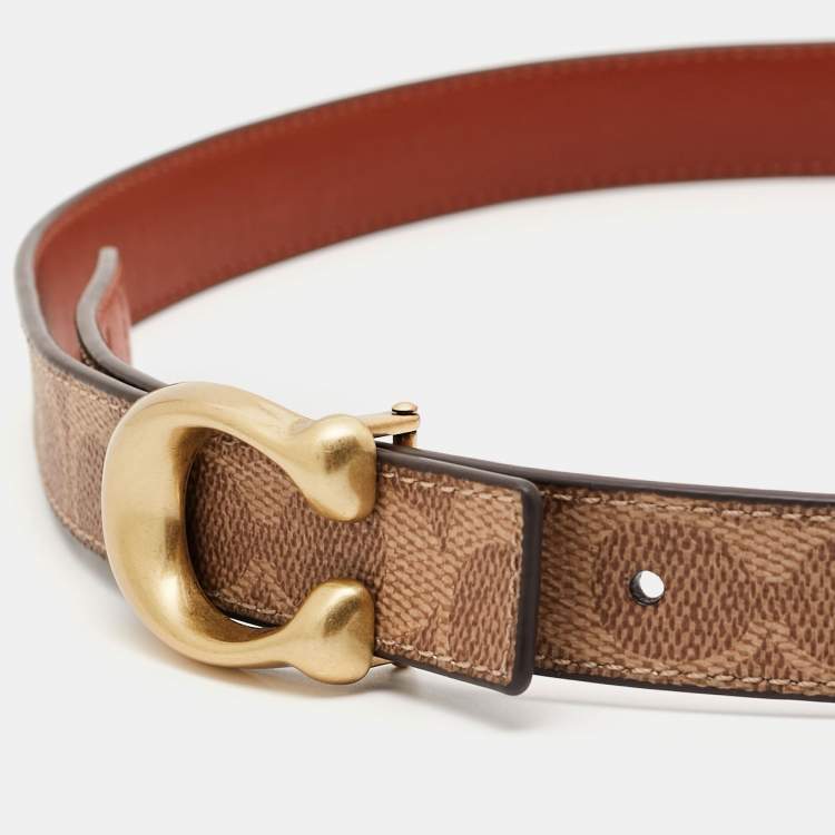 Pre Owned Coach Brown Signature Coated Canvas and Leather Reversible Sculpted C Buckle Cut To Size Belt