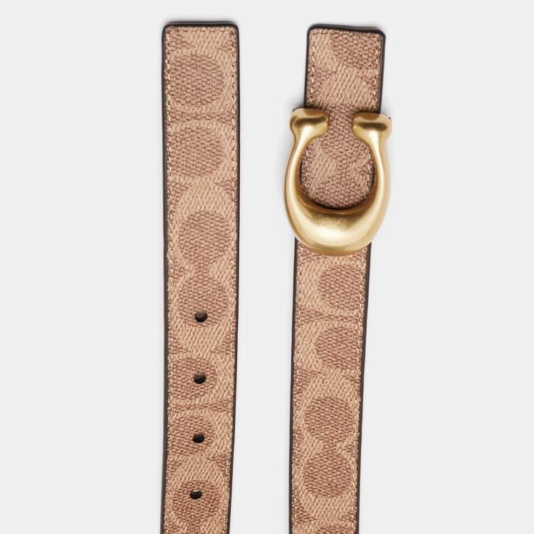 Pre Owned Coach Brown Signature Coated Canvas and Leather Reversible Sculpted C Buckle Cut To Size Belt