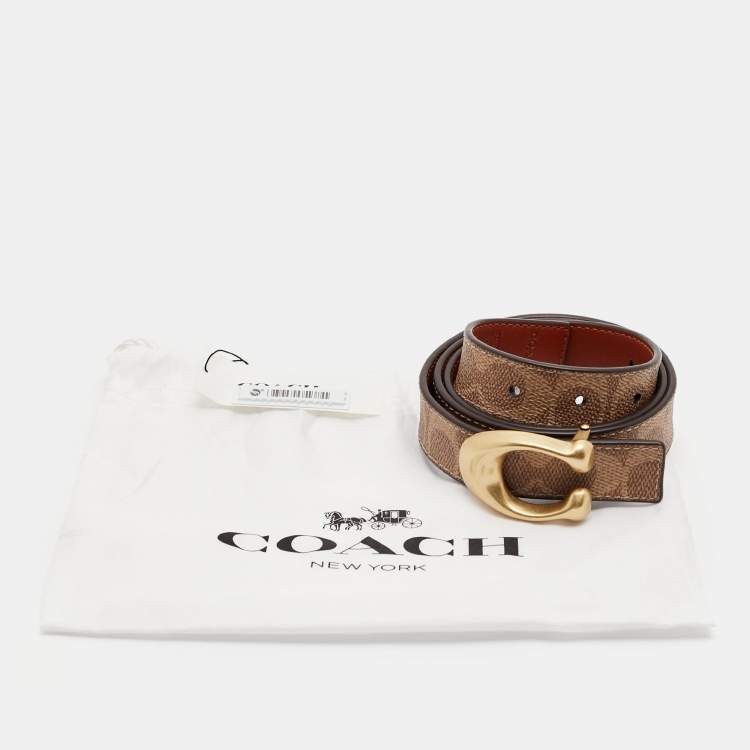 Pre Owned Coach Brown Signature Coated Canvas and Leather Reversible Sculpted C Buckle Cut To Size Belt