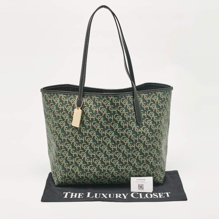 Pre Owned Coach Green Monogram Coated Canvas and Leather City Tote