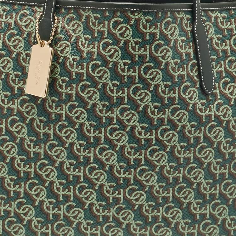 Pre Owned Coach Green Monogram Coated Canvas and Leather City Tote