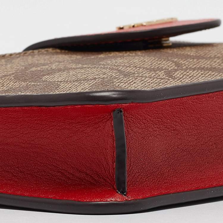 Pre Owned Coach Beige/Red Signature Coated Canvas and Leather Poppy Crossbody Clutch Bag