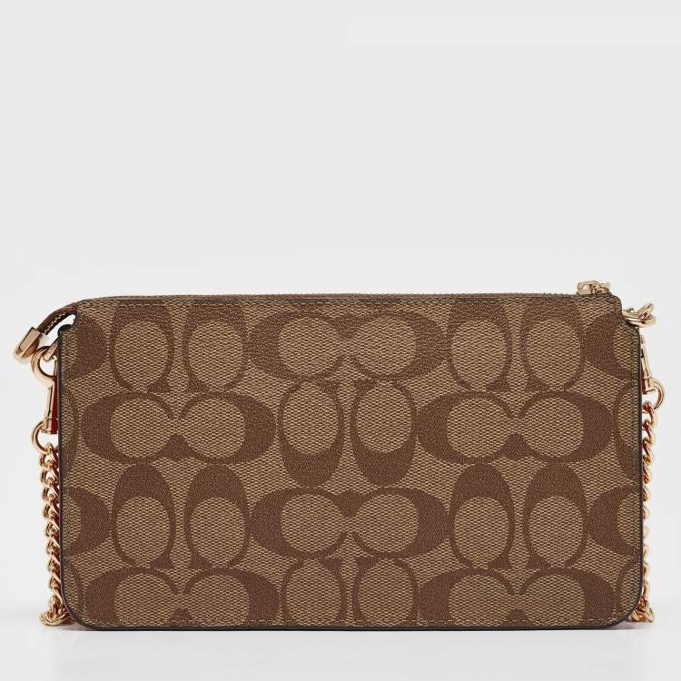 Pre Owned Coach Beige/Red Signature Coated Canvas and Leather Poppy Crossbody Clutch Bag