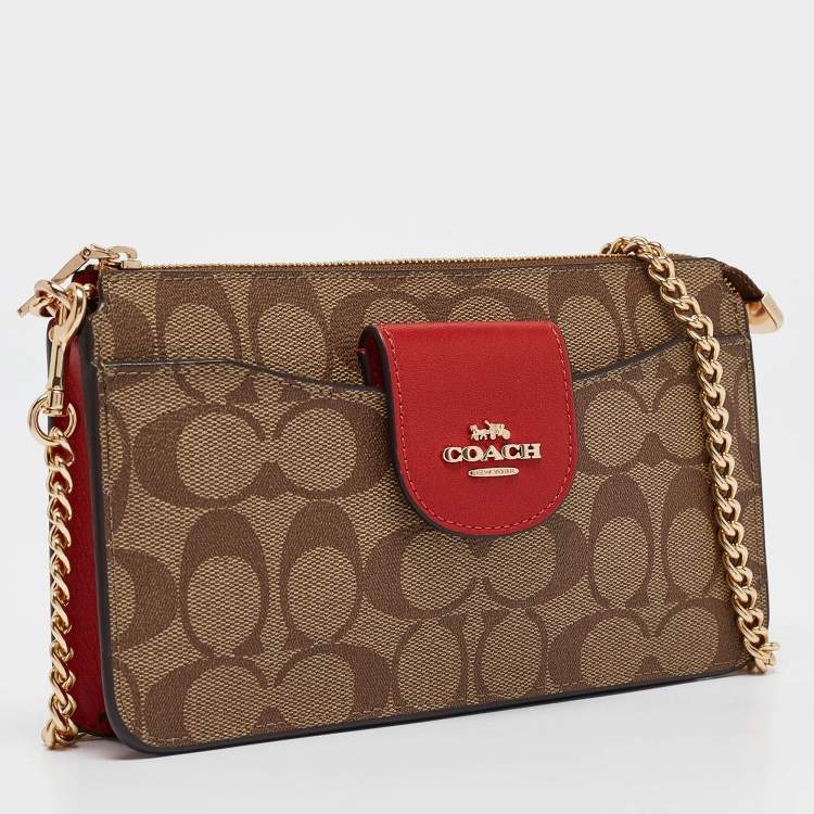 Pre Owned Coach Beige/Red Signature Coated Canvas and Leather Poppy Crossbody Clutch Bag